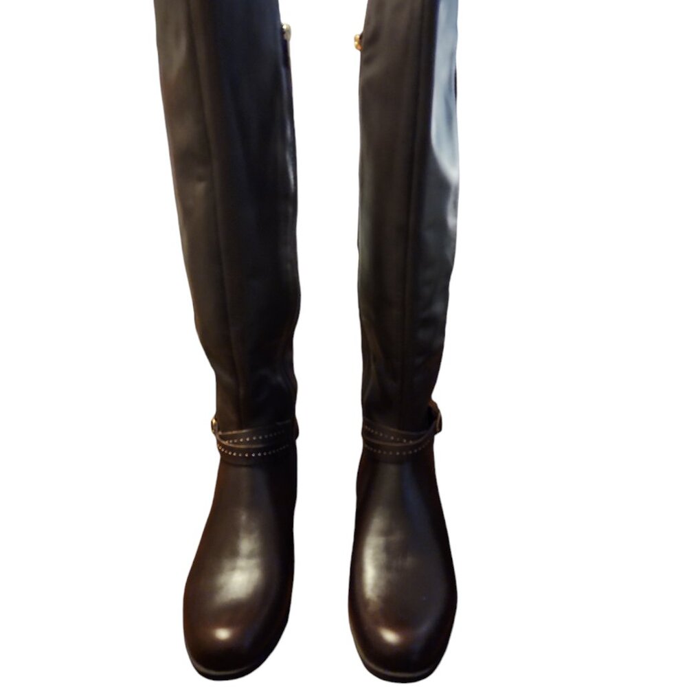 Size 9 Bandolino Cassia Tall Leather & Knit Mesh Form Fit Boots Buckle & Studs - Picture 2 of 8